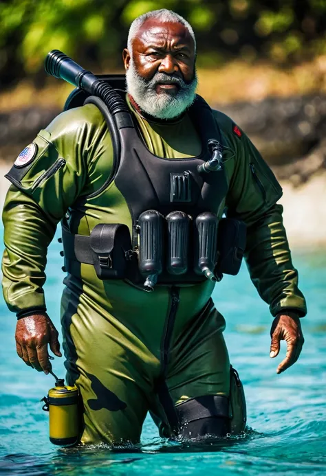 (a dark-skinned bearded fat muscular old man in a bulky army camouflage zipper diver suit) and scuba diver mask, carrying a gun, muscular, Bruce Onobrakpeya, sumatraism, stanley artgermm, action, heroic, fierce, furious