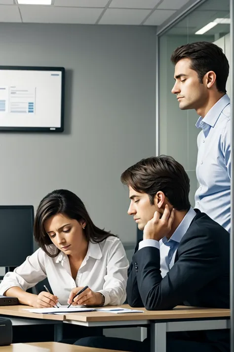 A tired man and woman working hard in the office in a quiet moment reflecting on life