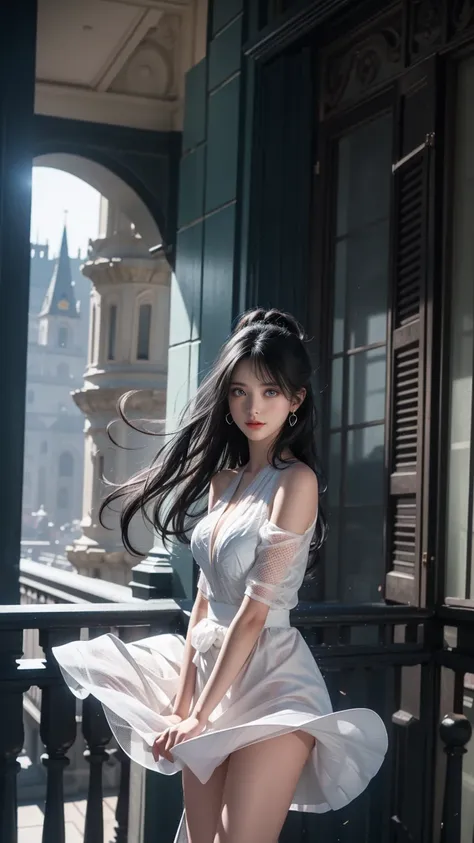 ((Girl standing on the balcony of an old castle))、Fluorescent color、1 Girl、Look to the side、Beautiful Face、Beautiful Eyes、（Off the shoulder：1.2）、Upper Body、Shiny Hair、Glowing Skin、 Reduce glare、Adjusted finger proportions、escrow、ass pov、Dynamic Angle、(((Ma...