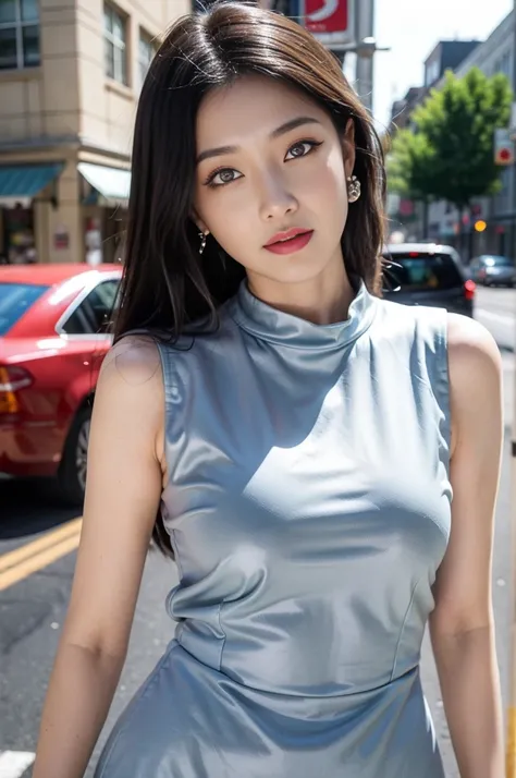 (((A woman posing on a street corner in a light blue sleeveless dress)))、shiny smooth light brown hair, Beautiful sky with details、earrings、(dynamicposes:1.2)、 (The upper part of the body:0.8)、Soft lighting、the wind、glowy skin、a smile、,(eyeshadows:1.3),(ey...