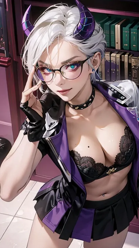 8k, masterpiece, best quality, highly detailed, 1 girl, tiefling, warlock, multicolored hair, very short straight hair green highlight hair on white hair, strippled hair, wearing glasses, round glasses, earrings, red eyeshadow, long eyelashes,navel piercin...