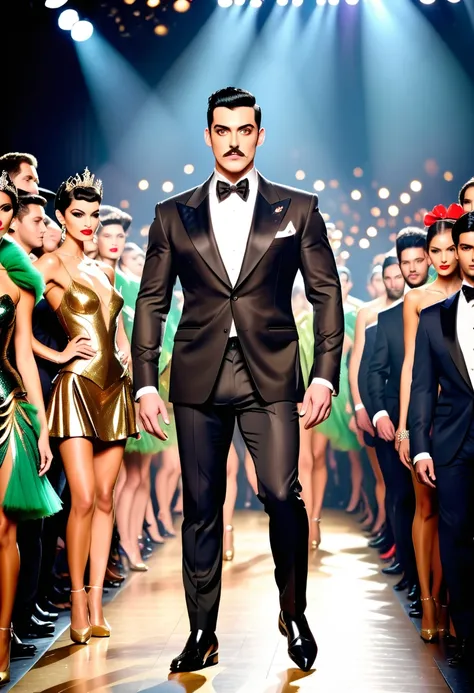 Countless spotlights shine on the runway. Models in glittering costumes posed for pictures as a large crowd of spectators looked on. In the center, a tall, stout man with short-cropped black hair, thick eyebrows, sharp eyes, a high nose, and thick lips wal...