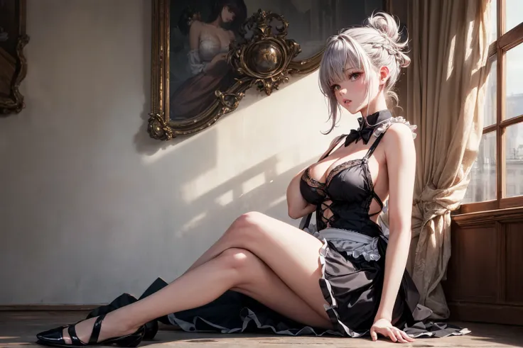 8K quality、High resolution、Sexy maid、Realistic skin texture、High resolutionの肌、、Grabbing the breast、Princess Hair、thin、Small and young breasts、Beautiful cleavage、Gray Hair、Thin legs、French Braid、、Full Body Shot、Moist lips、Woman sitting、Shooting from the sid...