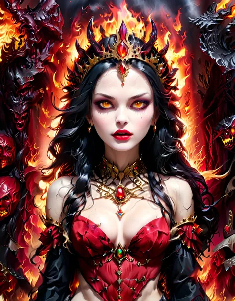 Arafed a picture of the queen of demons, in the halls of hell, a demons queen magnificent and full of awe, black hair, long hair, flowing hair, bold intense eyes, extremely exquisite beautiful queen, perfect body, (anatomically correct: 1.3), ultra feminin...