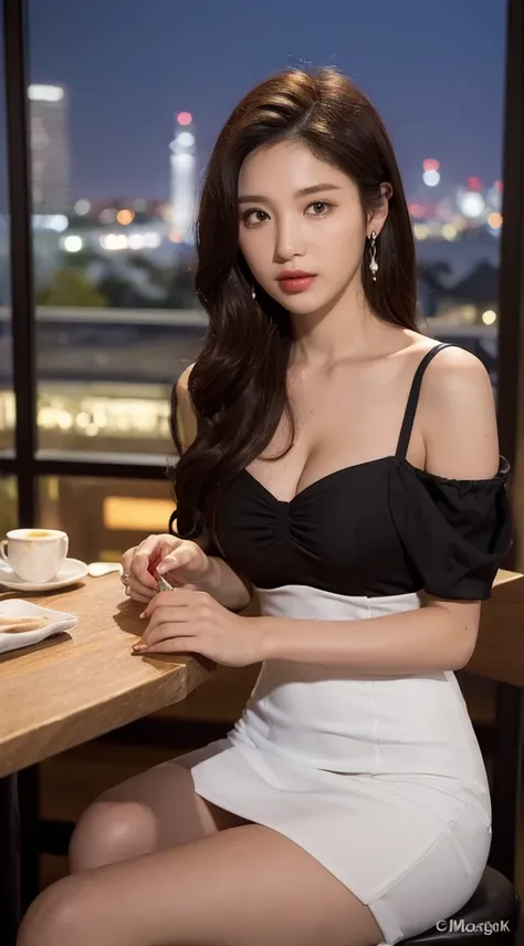 ((Midnight, Best quality, 8k, Masterpiece :1.3)), Whole body, Long legs, Sharp focus :1.2, A pretty woman with perfect figure :1.4, Slender abs :1.1, ((Dark brown hair, Big breasts :1.2)), (white mini dress :1.2), ((Night city view, sitting on cafe:1.3)), ...