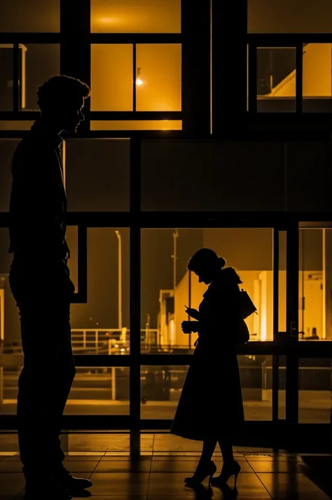 A silhouette of a woman watching a silhouette of a man leave, in a night landscape 