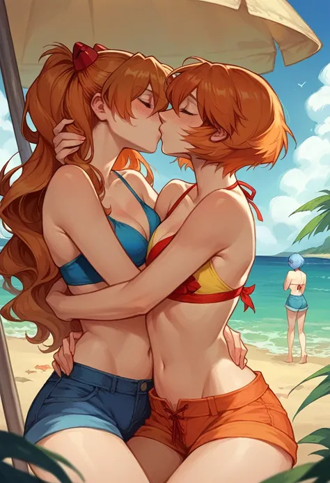 score_9, score_8_up, score_8_up, source_anime, 2girls, (Asuka Langley Soryu, orange hair, long flowing hair:1.0), (Rei Ayanami, blue hair, short bob hair:1.0), girlfriends, hair ornament, flowing hair, cleavage, bikini top, shorts, beach, outdoors, hugging...