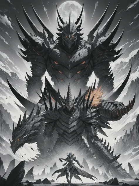 Original Kaiju armor form of a human, sharp, obsidian-like plates that overlap like armor, Elongated and somewhat reptilian head, with a pronounced crest of jagged obsidian spikes running from the forehead to the back of the neck. Four glowing, amber eyes ...