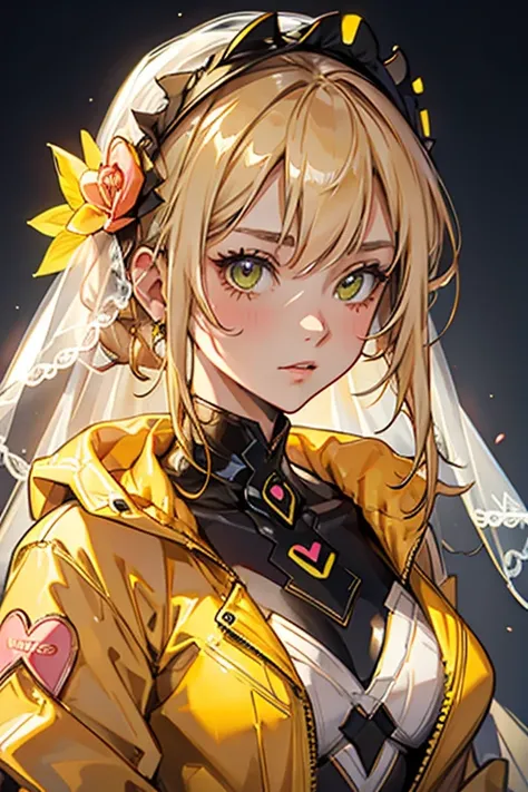 close-up of mature girl, neon yellow jacket, veil, highest quality, highly detailed, bright peach heart, elegant