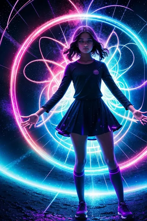 "A young girl stands before a shimmering portal, her hand outstretched tentatively. The portal crackles with energy, swirling colors of blue and purple enticingly. She takes a deep breath, her eyes wide with excitement and a hint of fear, before stepping f...