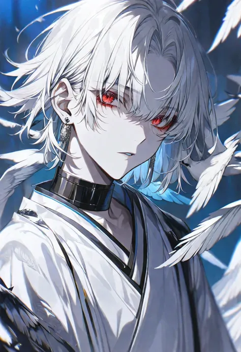 solo, handsome, 
1. male,
hime cut,Straight Hair,short Hair, 
White hair, 
Gojo Satoru ,
red Eyes,Soft look,beautiful,beautiful,sexly,Darkness,Lots of silver earrings,choker,
White OVERsize パーカー,
White skin,bird,wing,
White background,