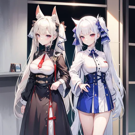 Anime characters standing next to each other, No hair ribbon、Twin tails、Beige and white hair、Red eyes and blue eyes、Azur Lane Characters, Azur Lane Style, From Arknights, From the Azur Lane video game, Girls&#39; Frontline style, from Girls&#39; Frontline,...