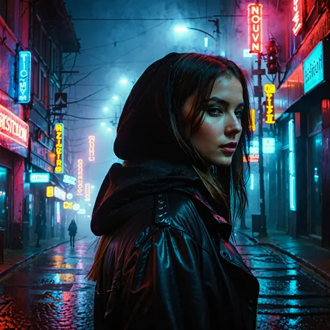 city street, neon, fog, volumetric, closeup portrait photo of young woman in dark clothes