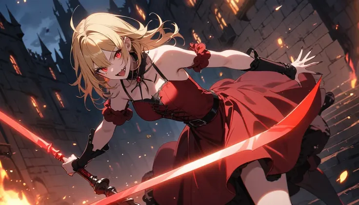 absurdres, highres,
BREAK
vampire girl, noble vampire, red dress, griping Spear of red glowing light, Gungnir, attack, red slash, blond hair, dynamic angle, Medieval castle in the background, night, vampire fangs