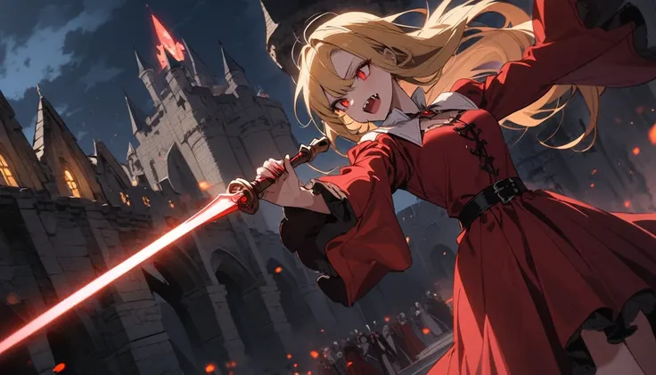 absurdres, highres,
BREAK
vampire girl, noble vampire, red dress, griping Spear of red glowing light, Gungnir, attack, red slash, blond hair, dynamic angle, Medieval castle in the background, night, vampire fangs