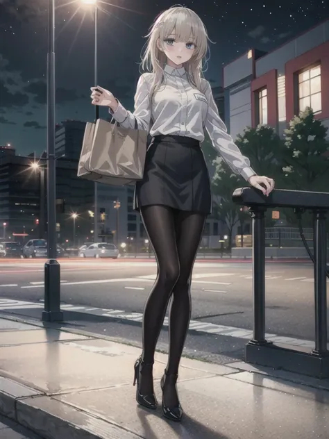 1girl, solo, female, ak-74m, white shirt, standing, full body shots, blue skirt, outdoor, night, 4k, bokeh, pantyhose, carying a bag, mature woman, a date, one bag, high heels 