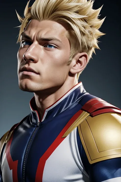 Screenshot of My hero academia is a tall, muscular young man with spiky blonde hair and red eyes. He usually wears his U uniform.A. He looks directly at the camera and raises his neck slightly, showing noticeable bite marks and hickeys. 