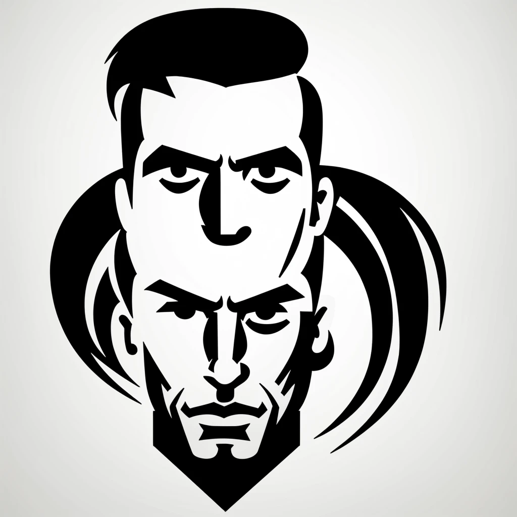 A psychobilly man in a minimalist stencil icon logo, awesome, professional, style MARVEL, with thick lines and a front view, suitable for STENCIL, WHITE BACKGROUND