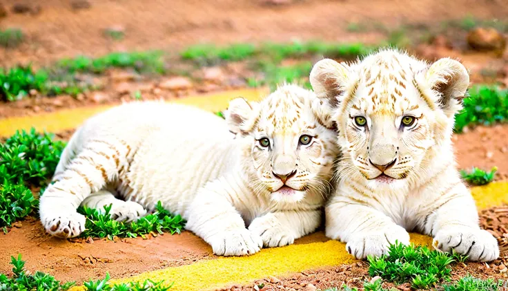 WHITE LION CUBS WITH RED, GREEN AND YELLOW LINES ON FACE