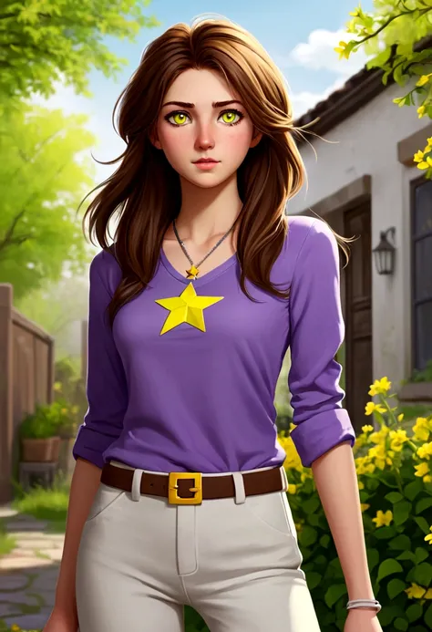 Image of a tall 21 year old girl with medium long and slightly messy brown hair, green eyes, white bandages on the arms and a necklace with a yellow star pendant in spring. Clothing: a purple shirt and gray pants