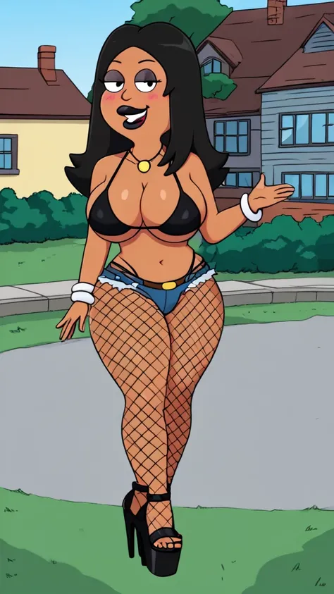 francine, flat color, black hair, 1girl, long hair, white braclet, extra large breasts, dark skin, solo, necklace, cleavage, fishnet bikini, black lips, nsfw, standing, looking at viewer, outdoors, full-body, smile, blushing, open-toe platform high heels, ...