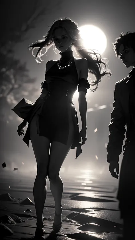 a silhouette of a girl and a boy walking in different directions, night, moonlight, dark silhouettes, dramatic lighting, moody atmosphere, cinematic, minimalist, monochrome, high contrast, beautiful detailed eyes, beautiful detailed lips, extremely detaile...