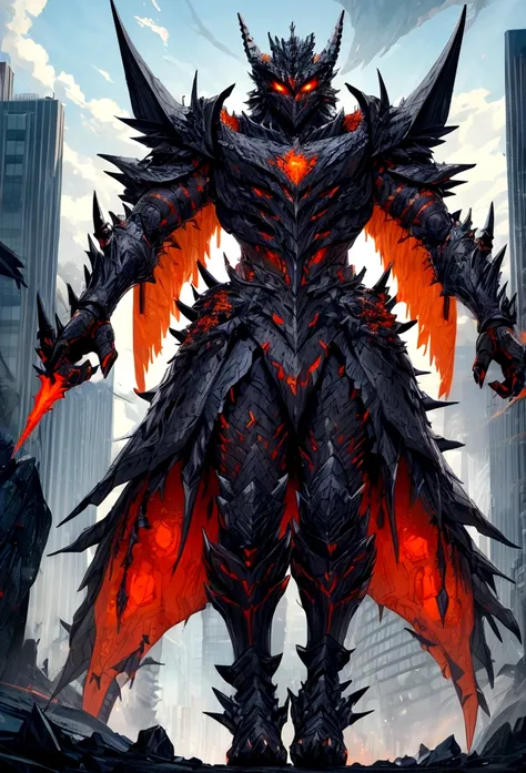 Original Kaiju armor form of a human, sharp, obsidian-like plates that overlap like armor, Elongated and somewhat reptilian head, with a pronounced crest of jagged obsidian spikes running from the forehead to the back of the neck. Four glowing, amber eyes ...