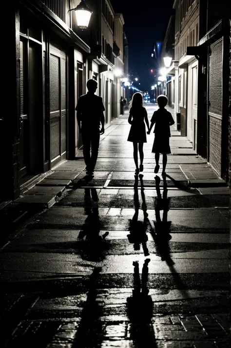 A silhouette of a girl and a boy walking in different directions, the background being night 