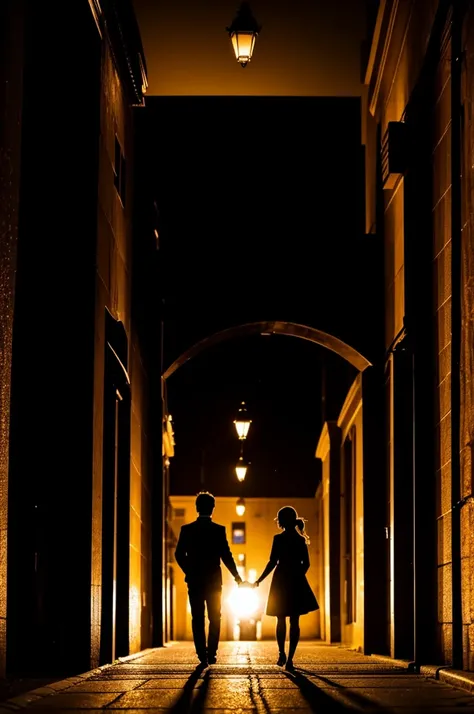 A silhouette of a girl and a boy walking in different directions, the background being night 