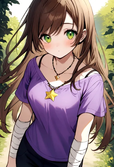 Image of a tall 21 year old girl with medium long and slightly messy brown hair, green eyes, white bandages on the arms and a necklace with a yellow star pendant in spring. Clothing: a purple shirt with dark pants