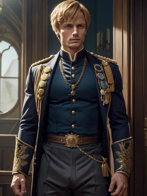 Bradley James handsome Victorian captain. The captain is 55 years old, muscular, blond, dressed in a ceremonial uniform, tight-fitting to his body and showing his muscles, buttoned up with all the buttons. His dreamy gaze is directed into the distance. The...