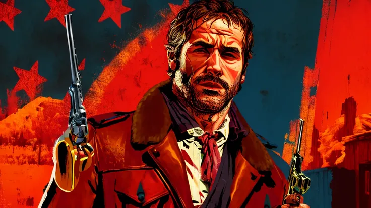 R3DD34Dstyle, digital portrait, A Ryan gosling HoLDiNG a revolver, in wild west, red background,everything is sHATTERRInG IN BACkGROUNd