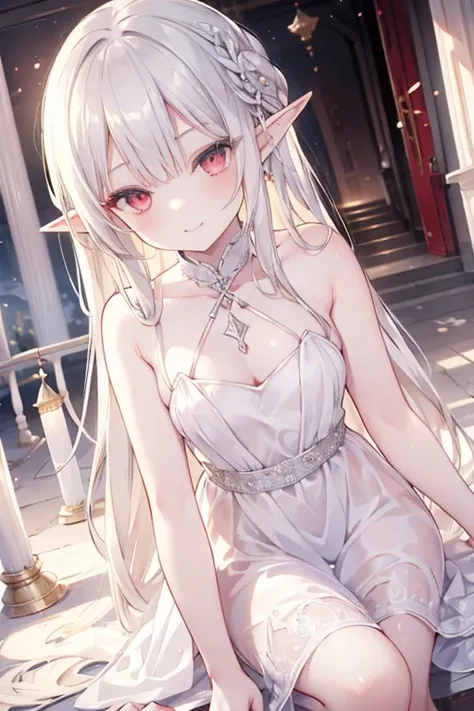 young girl, silver-blonde hair, red eyes, beautiful and detailed eyes, white dress , elf, long hair, (in a beautiful temple  )Smiling mischievously 