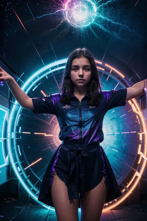 "A young girl stands before a shimmering portal, her hand outstretched tentatively. The portal crackles with energy, swirling colors of blue and purple enticingly. She takes a deep breath, her eyes wide with excitement and a hint of fear, before stepping f...