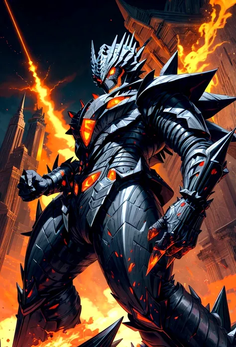 Original Kaiju armor form of a human, sharp, obsidian-like plates that overlap like armor, Elongated and somewhat reptilian head, with a pronounced crest of jagged obsidian spikes running from the forehead to the back of the neck. Four glowing, amber eyes ...