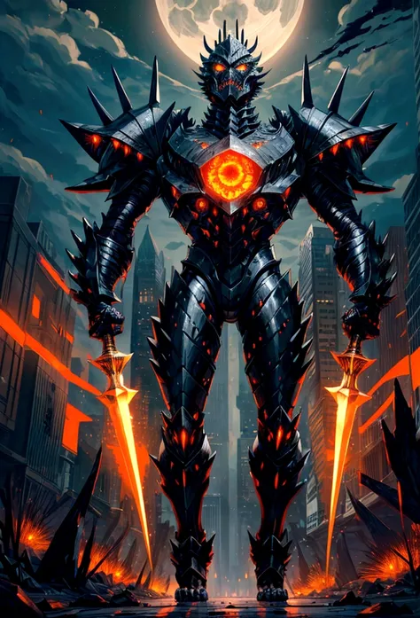 Original Kaiju armor form of a human, sharp, obsidian-like plates that overlap like armor, Elongated and somewhat reptilian head, with a pronounced crest of jagged obsidian spikes running from the forehead to the back of the neck. Four glowing, amber eyes ...