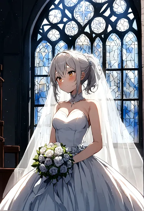 1 girl，KasuganoSora， Sora，white pantyhose，wedding dress，white gray hair，long double ponytail，bridal bouquet，wedding veil，White Moonlight， church， Glass Window