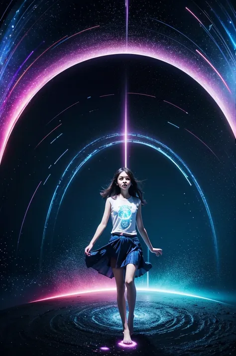 "A young girl stands before a shimmering portal, her hand outstretched tentatively. The portal crackles with energy, swirling colors of blue and purple enticingly. She takes a deep breath, her eyes wide with excitement and a hint of fear, before stepping f...