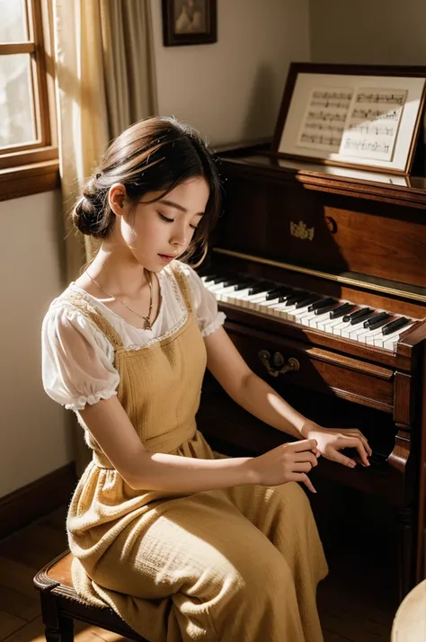 "A young musician sits cross-legged on the floor of her grandmothers attic, surrounded by dusty boxes and old furniture. In her hands, she holds a beautiful, ornate music box passed down to her from her grandmother. As she opens the music box, a soft, ethe...