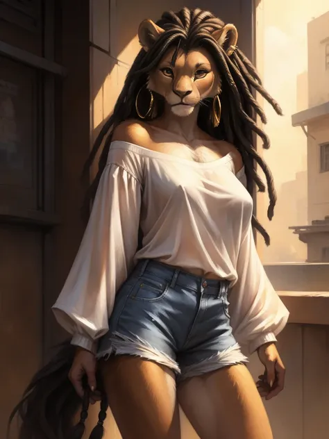 by kenket, by totesfleisch8, (by thebigslick, by silverfox5213:0.8), (by syuro:0.2),  а lion, female, in full growth, brown fur, light brown eyes, long black dreadlock hair, tail with a tassel at the end and a metal ring at the base of the tassel, wearing ...