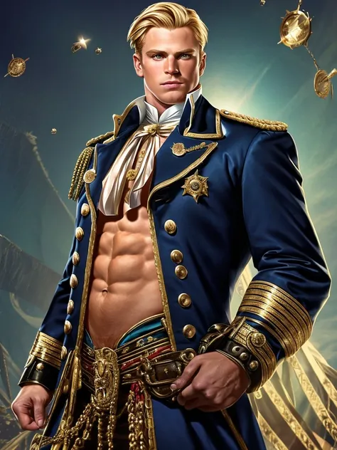 Bradley James handsome Victorian captain. The captain shirtless is 55 years old, muscular, blond, dressed in a ceremonial uniform, tight-fitting to his body and showing his muscles, buttoned up with all the buttons. His dreamy gaze is directed into the dis...