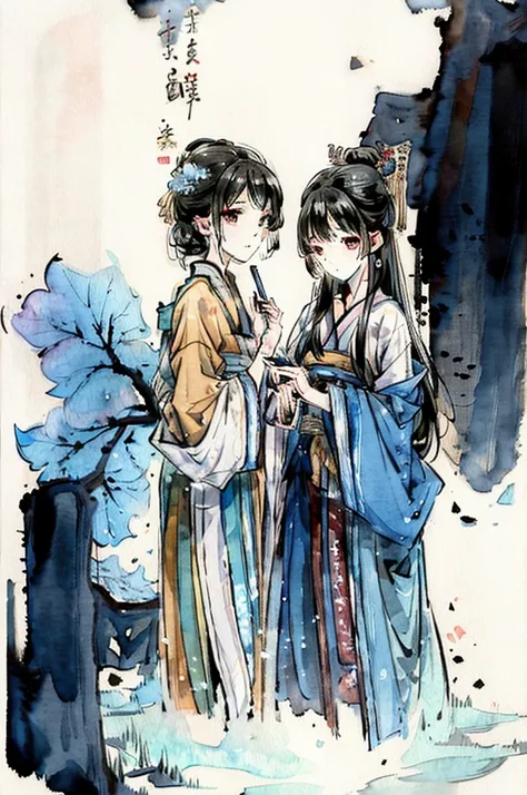 picture of two people, standing and exchanging parchment and book , Watercolor style, color illustration , Chinese watercolor, Hands drawn
