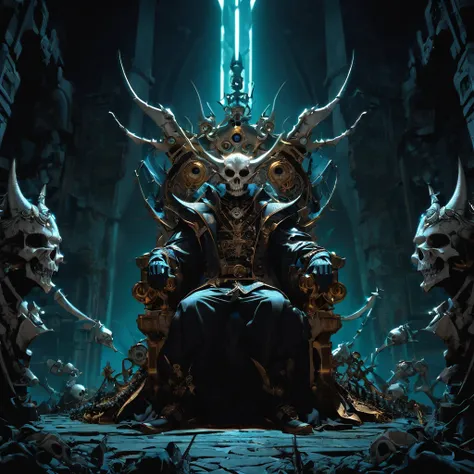 Cai GuoRUNs illustration style, A Magnificent demon king in crown on a throne of bones and skulls a steampunk Covered with thick spikeoon Night, The scene is full body like, highly detailed surreal vfx, Vivid tones, Chinese traditional elements, Reality, M...