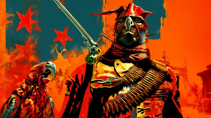 R3DD34Dstyle, digital portrait, A PArROt HoLDiNG a revolver, in wild west, red background,everything is sHATTERRInG IN BACkGROUNd,gunslinger