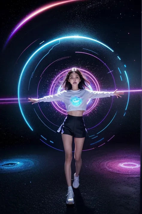 "A young girl stands before a shimmering portal, her hand outstretched tentatively. The portal crackles with energy, swirling colors of blue and purple enticingly. She takes a deep breath, her eyes wide with excitement and a hint of fear, before stepping f...