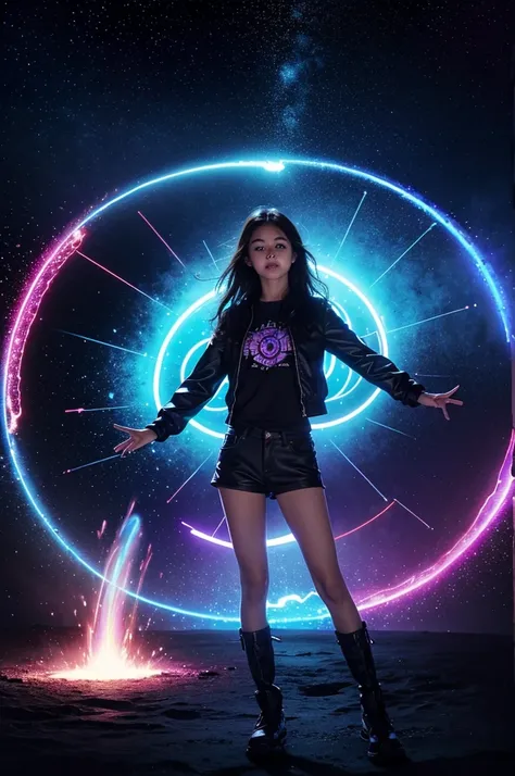 "A young girl stands before a shimmering portal, her hand outstretched tentatively. The portal crackles with energy, swirling colors of blue and purple enticingly. She takes a deep breath, her eyes wide with excitement and a hint of fear, before stepping f...