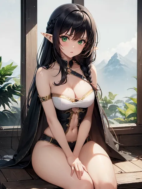 A female elf, long hair in black hair braids, very green eyes, , thin lips, round face, medium breasts, wide hips, wearing black elf warrior clothes, imposing and distinguished, beautiful and arrogant female elf, serious and superior elf, sitting at a tabl...