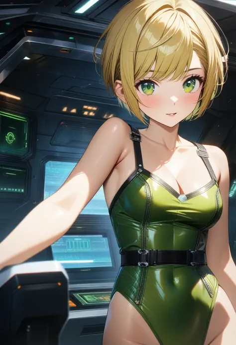 1girl, cleavage, very short hair, tomboy, very short hair, pixie cut, modern hairstyle, short hairstyle, chic and asymmetrical pixie cut, short blonde pixie hair, very short hair, highlights on hair, green eyes, open green leotard, medium breasts, spaceshi...