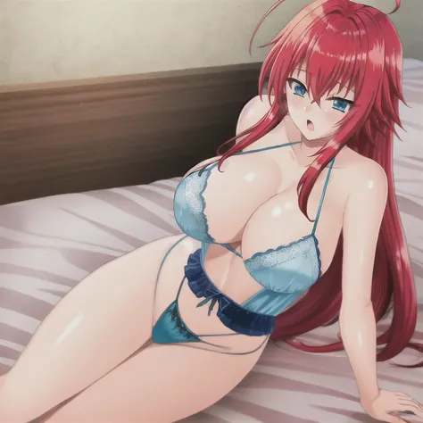 hellandheaven, 1girl, solo, long_hair, breasts, open_mouth, bangs, large_breasts, lingerie, panties, hair_between_eyes, very_long_hair, , blue_eyes, , ahoge, red_hair, shiny_hair, sit on bed, bedroom,