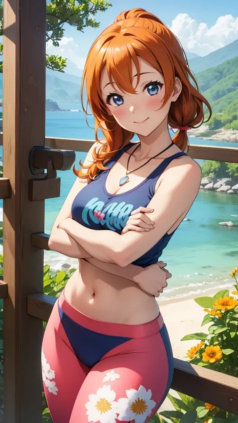 (Masterpiece, Best Quality, High quality), kousaka honoka, orange hair, low ponytail, blue eyes, illustration, beautiful, Blushing, breasts, looking at viewer, flowers printed tank top, yoga pants, solo, curvy body, floral print, confident, seductive smile...